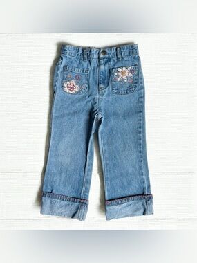 Vintage Y2K Faded Glory Girls 3T Jeans Floral Patchwork Embroidered Cuffed Boho